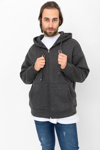 Antrasit 3 İplik Şardonlu Fermuar Detaylı Kanguru Cepli Kapşonlu Sweatshirt