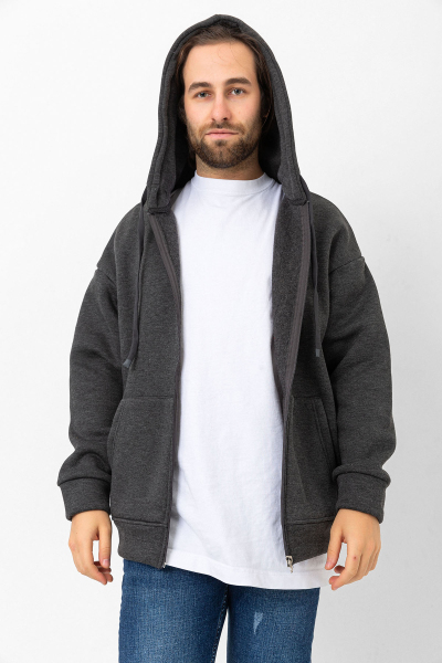 Antrasit 3 İplik Şardonlu Fermuar Detaylı Kanguru Cepli Kapşonlu Sweatshirt