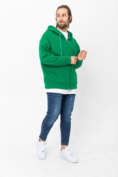 Yeşil 3 İplik Şardonlu Fermuar Detaylı Kanguru Cepli Kapşonlu Sweatshirt
