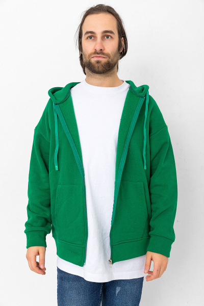 Yeşil 3 İplik Şardonlu Fermuar Detaylı Kanguru Cepli Kapşonlu Sweatshirt