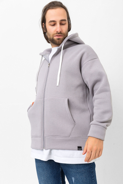 Gri 3 İplik Şardonlu Fermuar Detaylı Kanguru Cepli Kapşonlu Sweatshirt