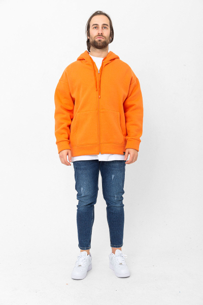 Turuncu 3 İplik Şardonlu Fermuar Detaylı Kanguru Cepli Kapşonlu Sweatshirt