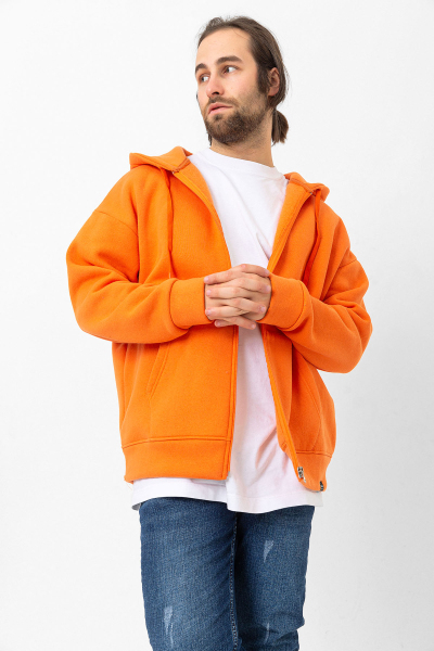 Turuncu 3 İplik Şardonlu Fermuar Detaylı Kanguru Cepli Kapşonlu Sweatshirt
