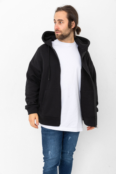 Siyah 3 İplik Şardonlu Fermuar Detaylı Kanguru Cepli Kapşonlu Sweatshirt