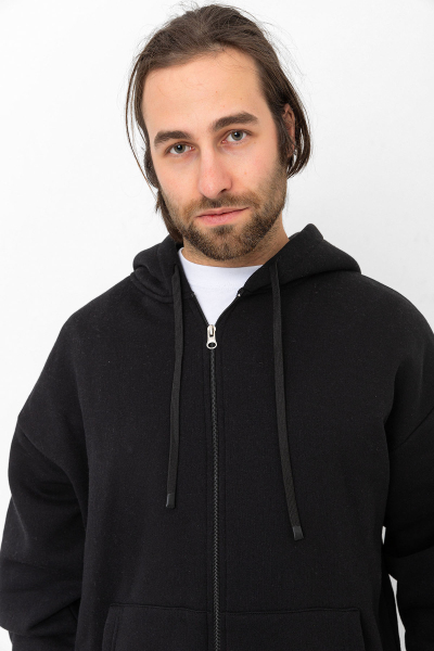 Siyah 3 İplik Şardonlu Fermuar Detaylı Kanguru Cepli Kapşonlu Sweatshirt
