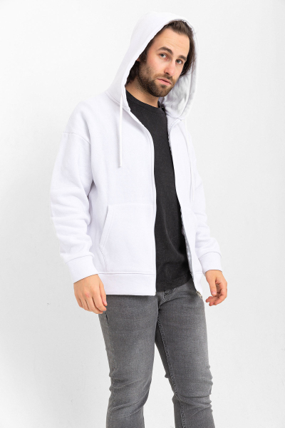 Beyaz 3 İplik Şardonlu Fermuar Detaylı Kanguru Cepli Kapşonlu Sweatshirt